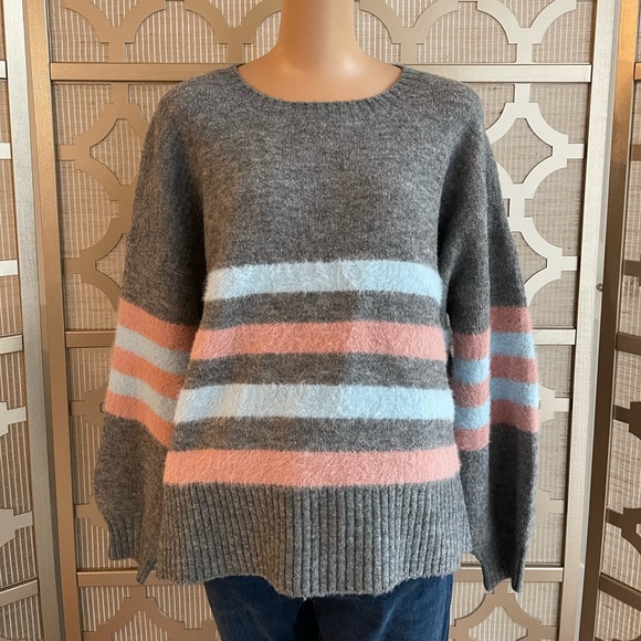 Pink Lily Sweaters - Pink Lily! BRAND NEW! Never worn! Grey with pink & blue stripes! Fuzzy!